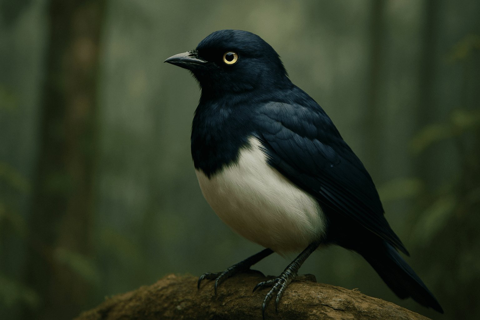 Abbott's Starling perched on mossy branch, black-and-white plumage with yellow eyes, blurred green forest background