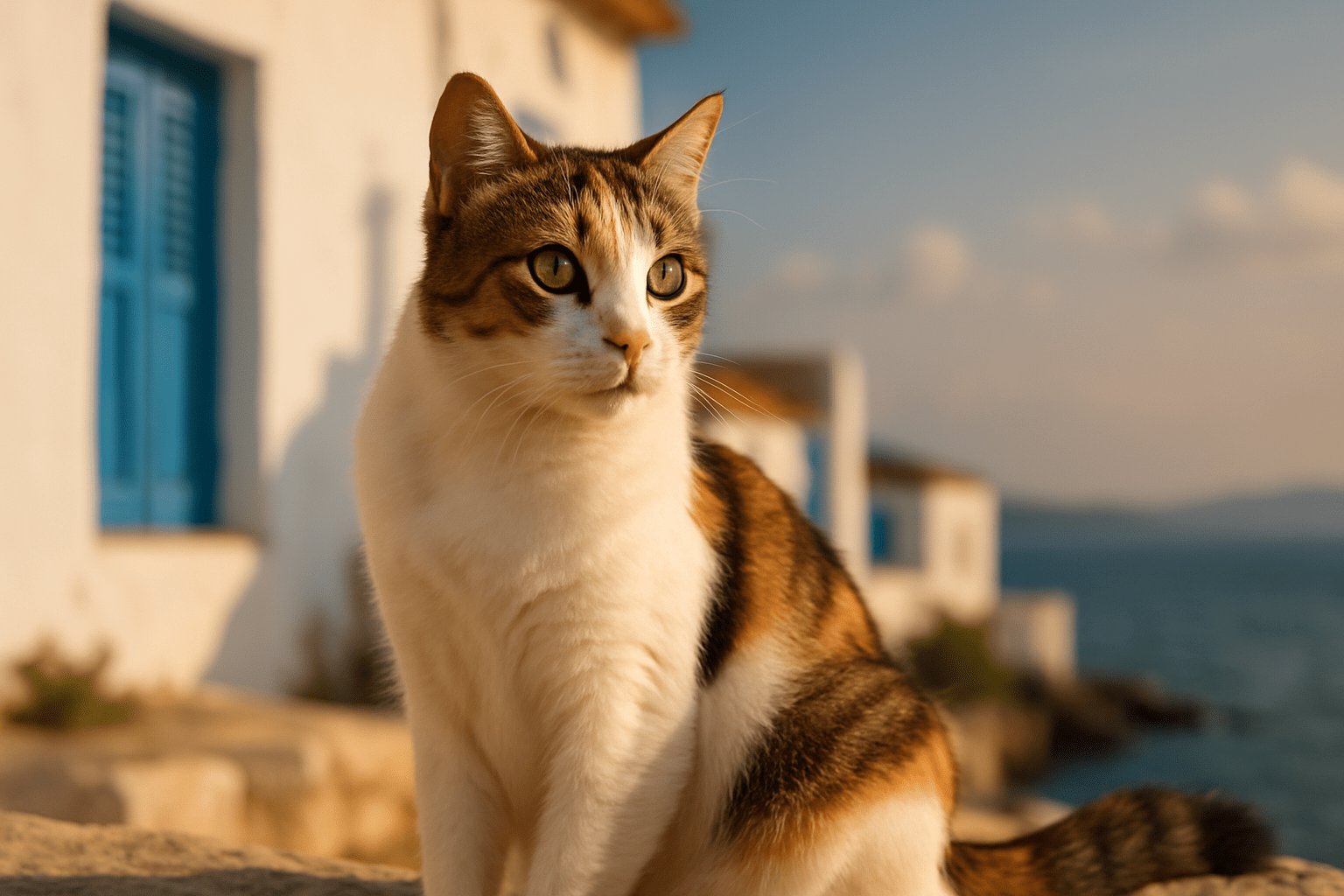 Aegean Cat with tabby and white fur sits on stone ledge, golden-green eyes alert, coastal village and sea in soft background.