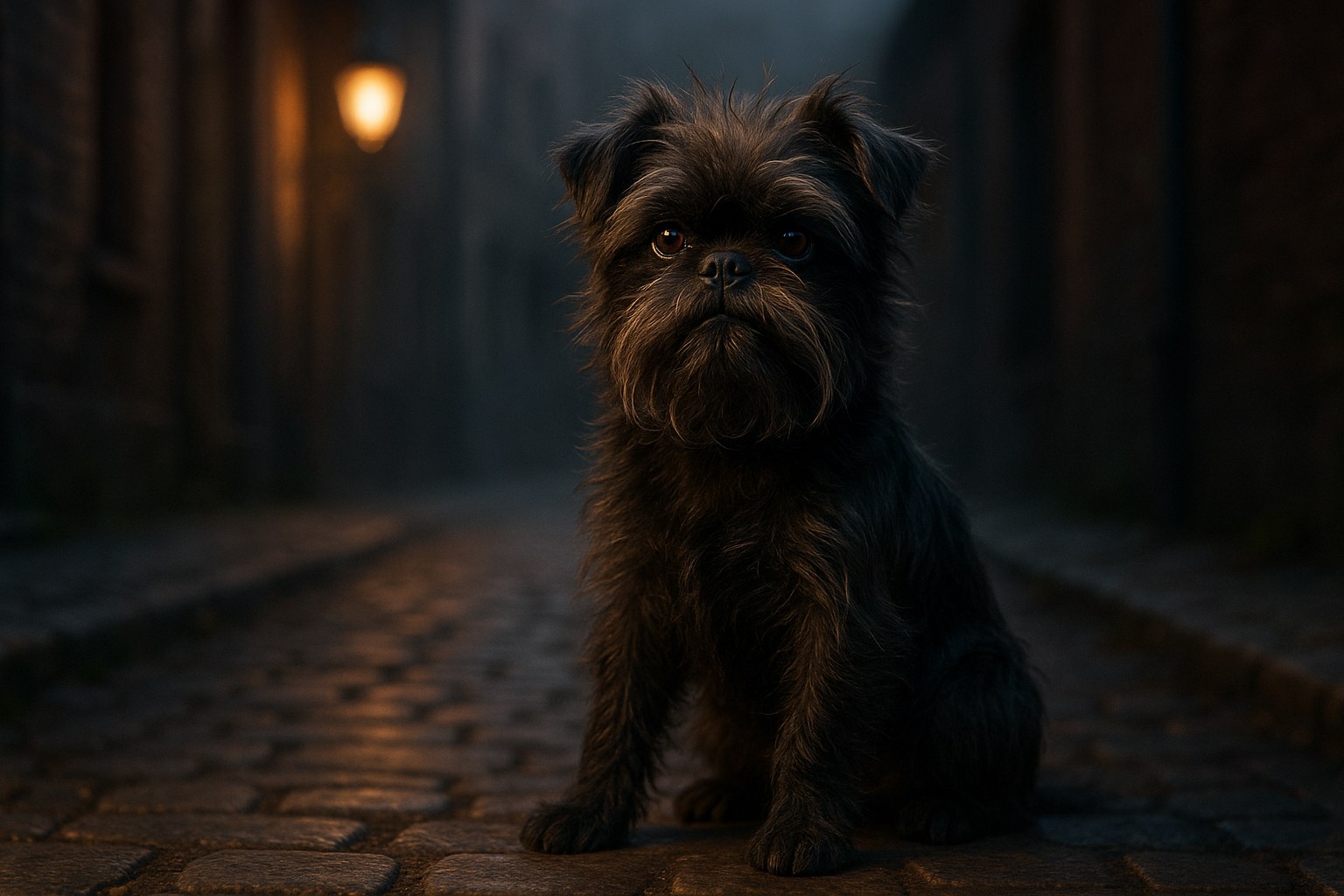 Black Affenpinscher dog sits on cobblestone street at night, softly lit with blurred alley background.