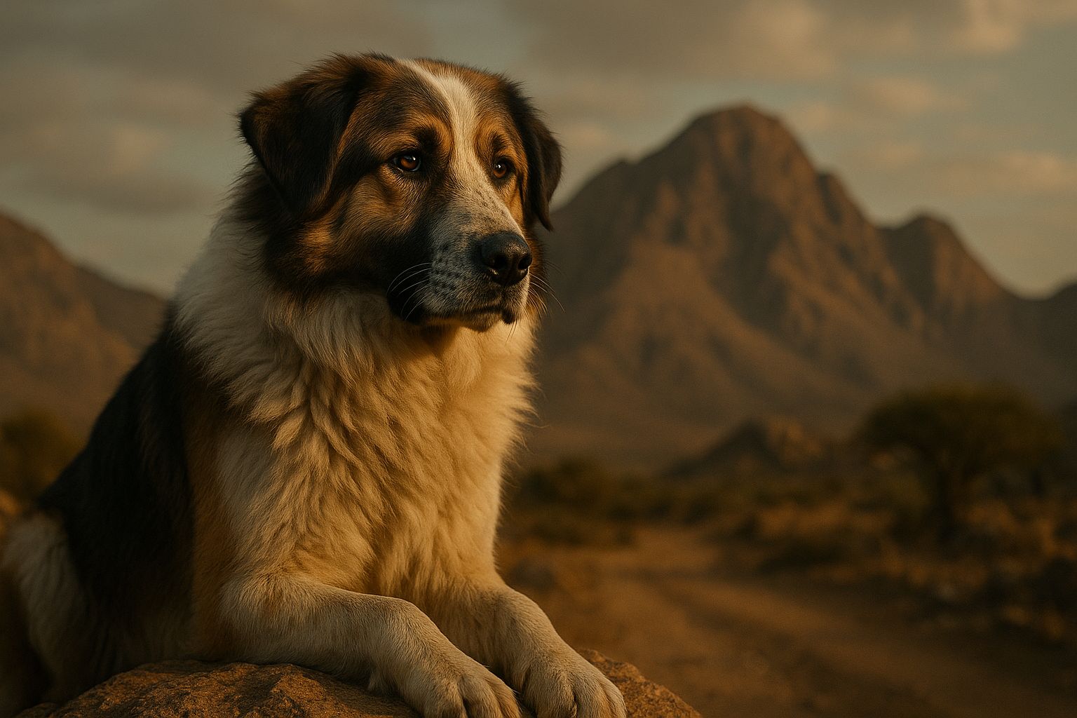 Aidi Dog with tan and black fur stands on rocky terrain, gazing toward arid mountains under soft golden light.