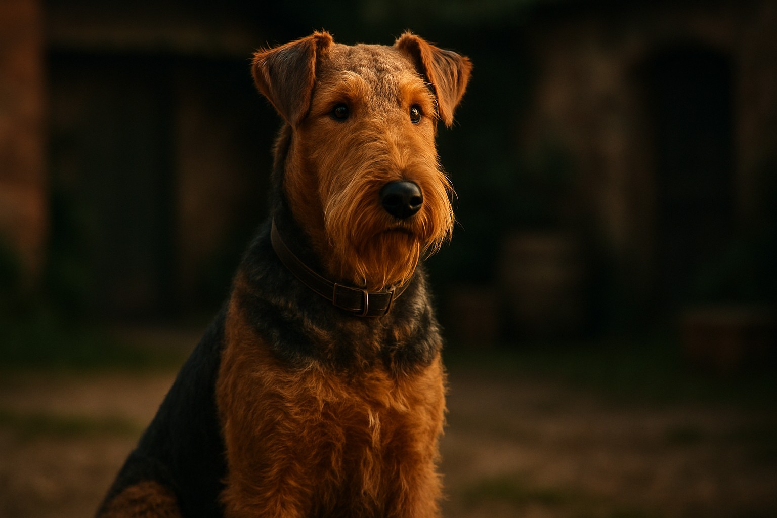 A reddish-brown Airedale Terrier dog sits outdoors, gazing slightly left, with a textured coat and dark leather collar.
