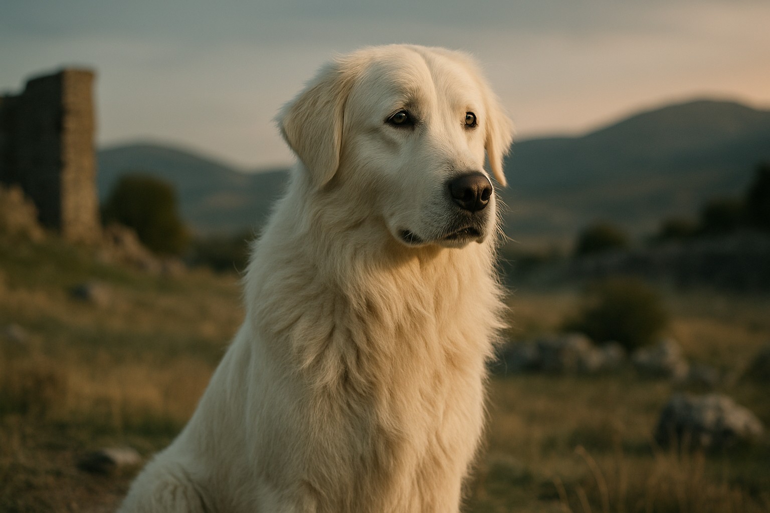 Close-up of an Akbash Dog with thick white fur, seated outdoors, gazing right with grassy hills and stone ruins in the background.