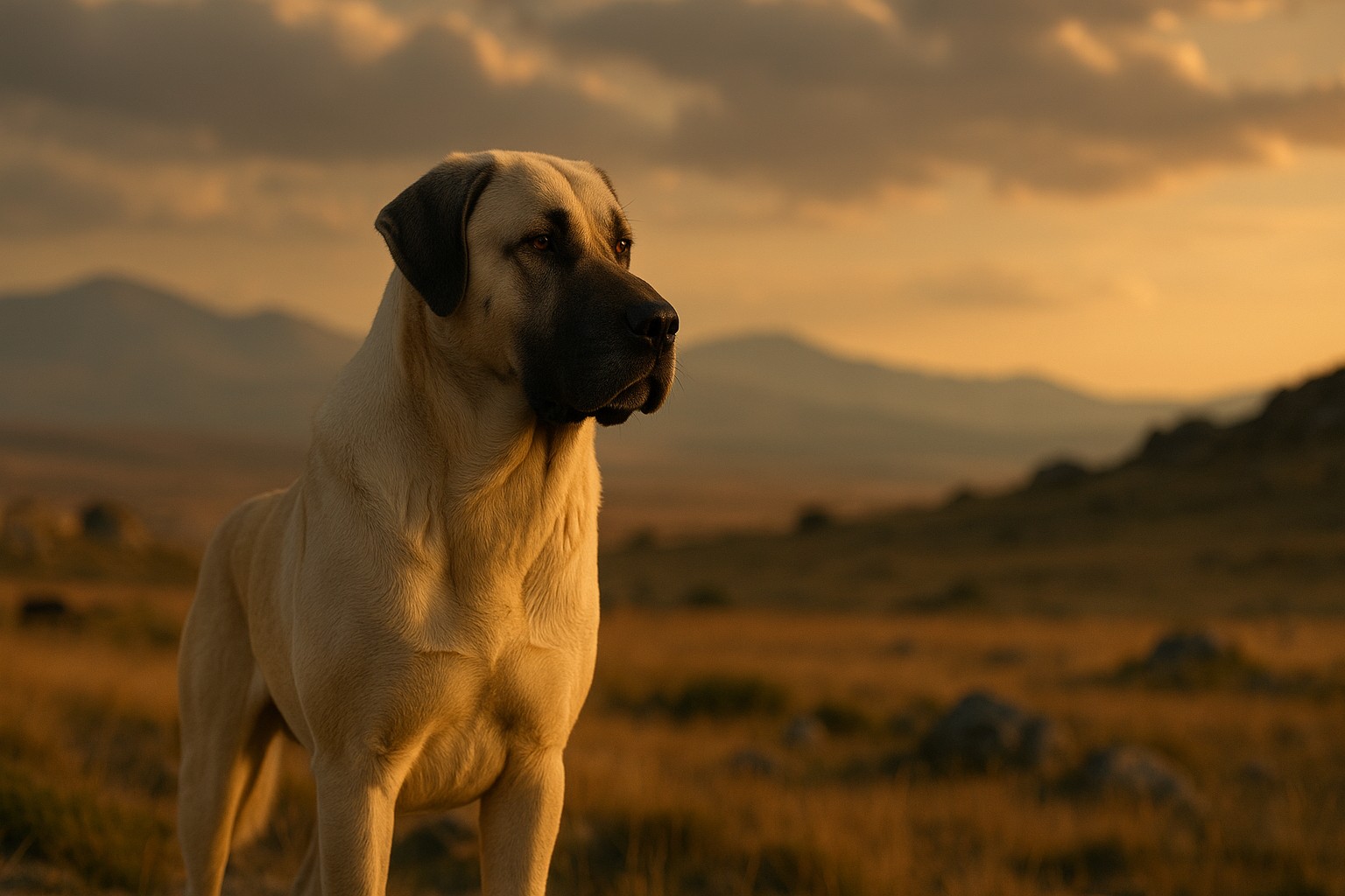 Aksaray Malaklisi dog stands alert in dry grassy plains with warm sunset sky and distant hills in background.