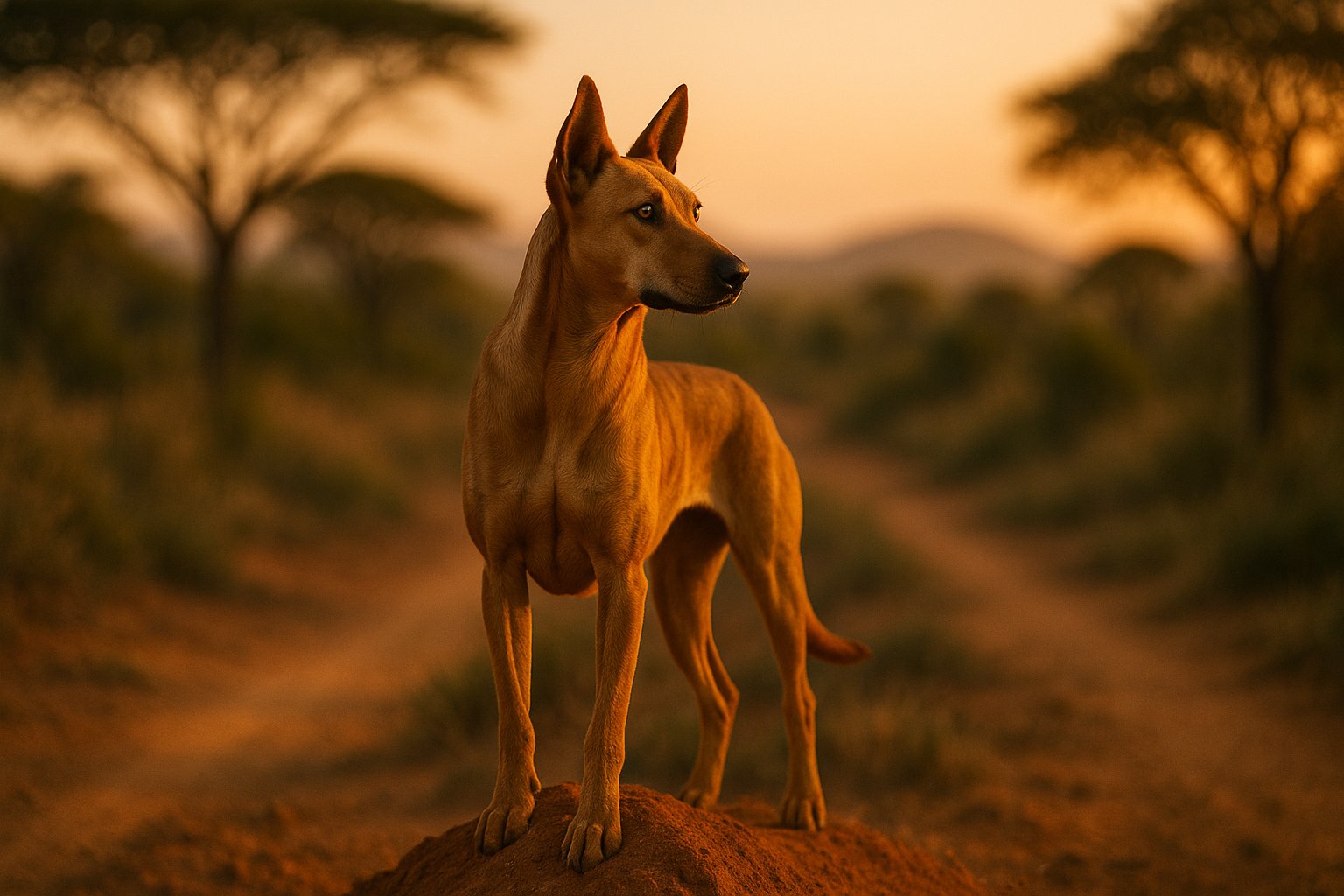Africanis dog with reddish-brown coat stands alert on a dirt mound against a warm, savanna landscape at sunrise or sunset.