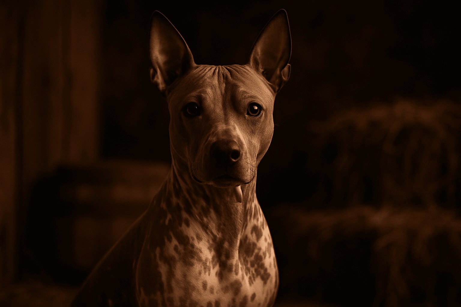 Close-up of an American Hairless Terrier with mottled brown-gray coat and pointed ears, in dim indoor lighting