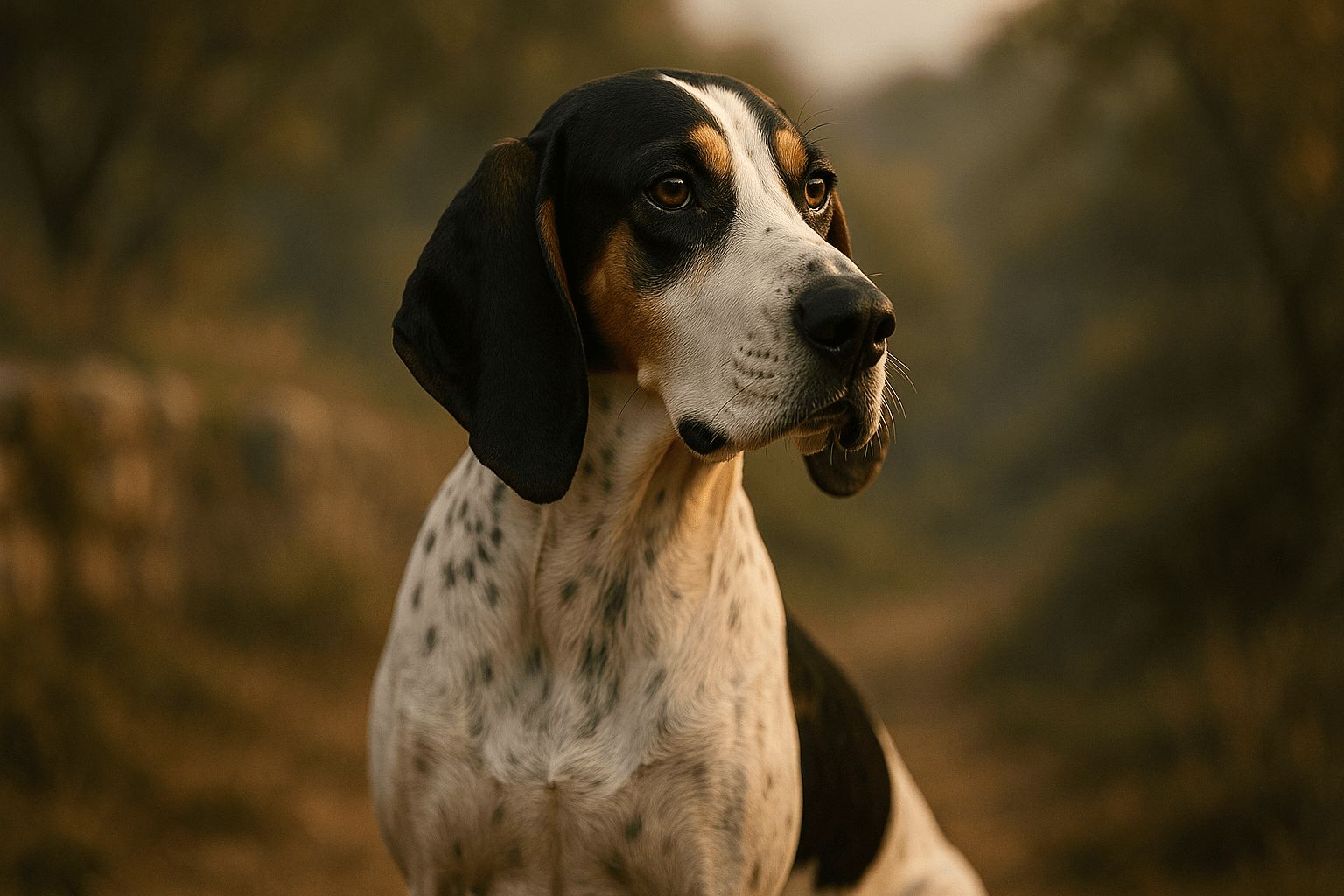 Ariegeois Dog with black, white, and tan coat looking alert against a softly blurred background