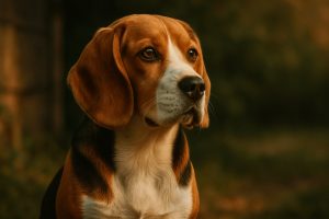 Beagle Dog with brown, black, and white fur looks alert with folded ears and dark eyes against a blurred green and brown outdoor background