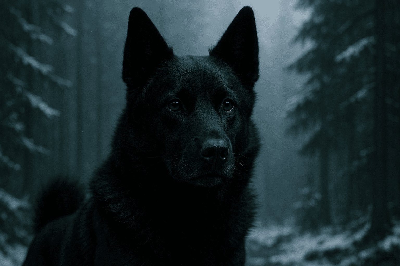 Black Norwegian Elkhound stands alert in misty forest with snow-dusted trees, dark coat contrasts against foggy teal-gray winter background