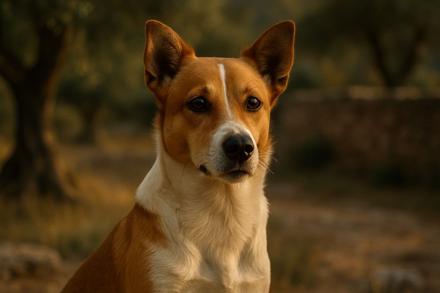 Alopekis Dog with tan and white fur looking directly at the camera in warm outdoor light