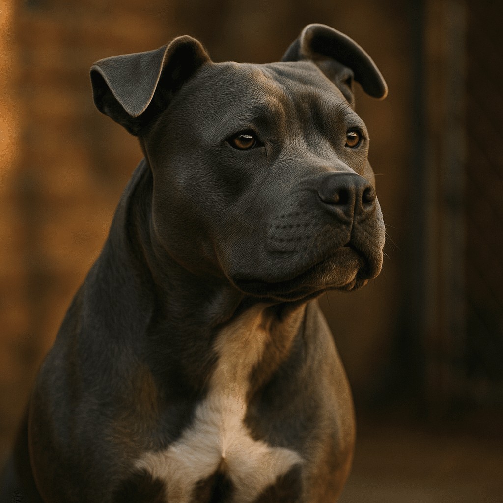 Close-up of a gray American Pit Bull Terrier dog with alert expression during golden hour