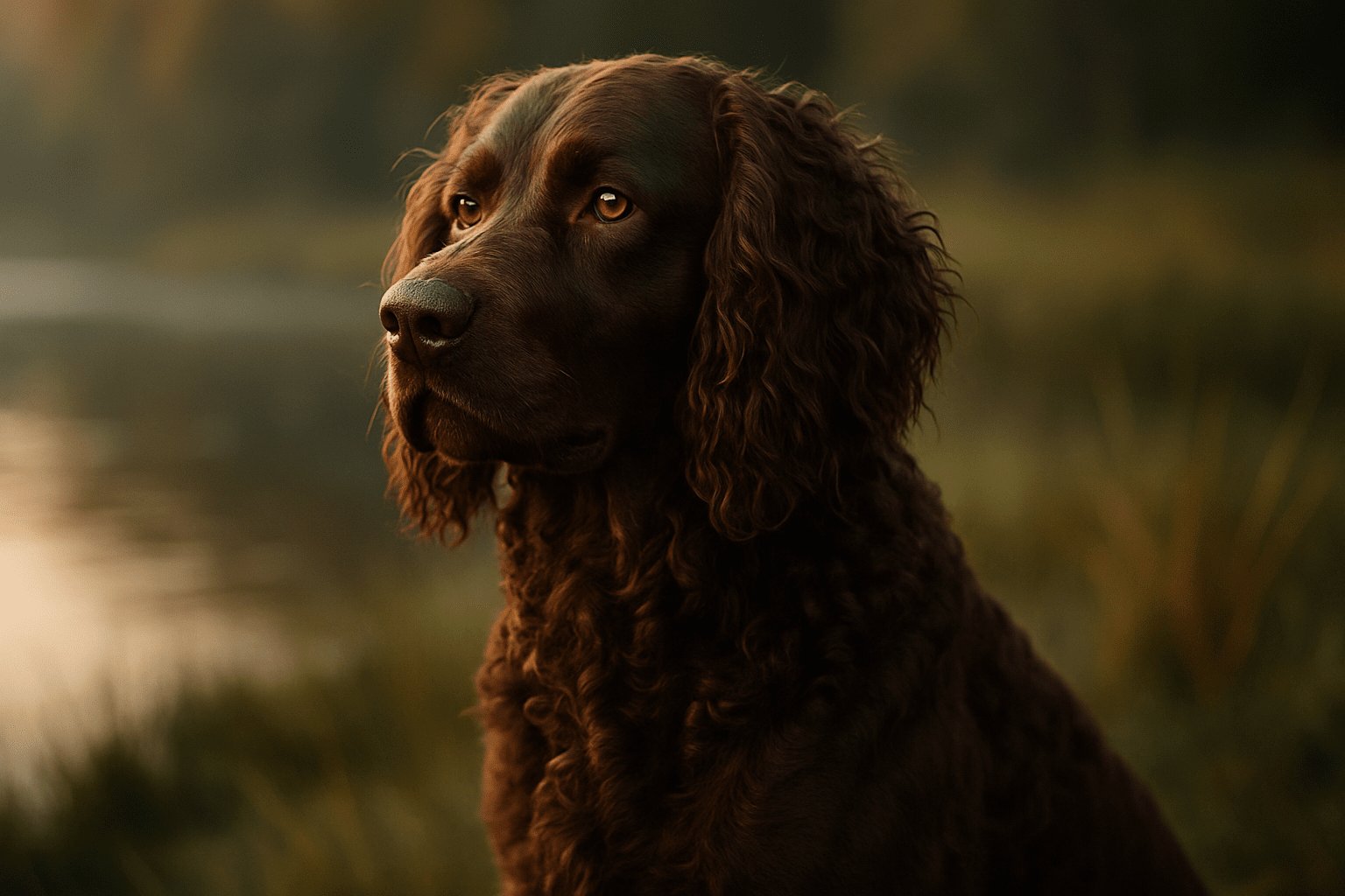Close-up of an American Water Spaniel dog with a thick, curly dark brown coat in soft outdoor light