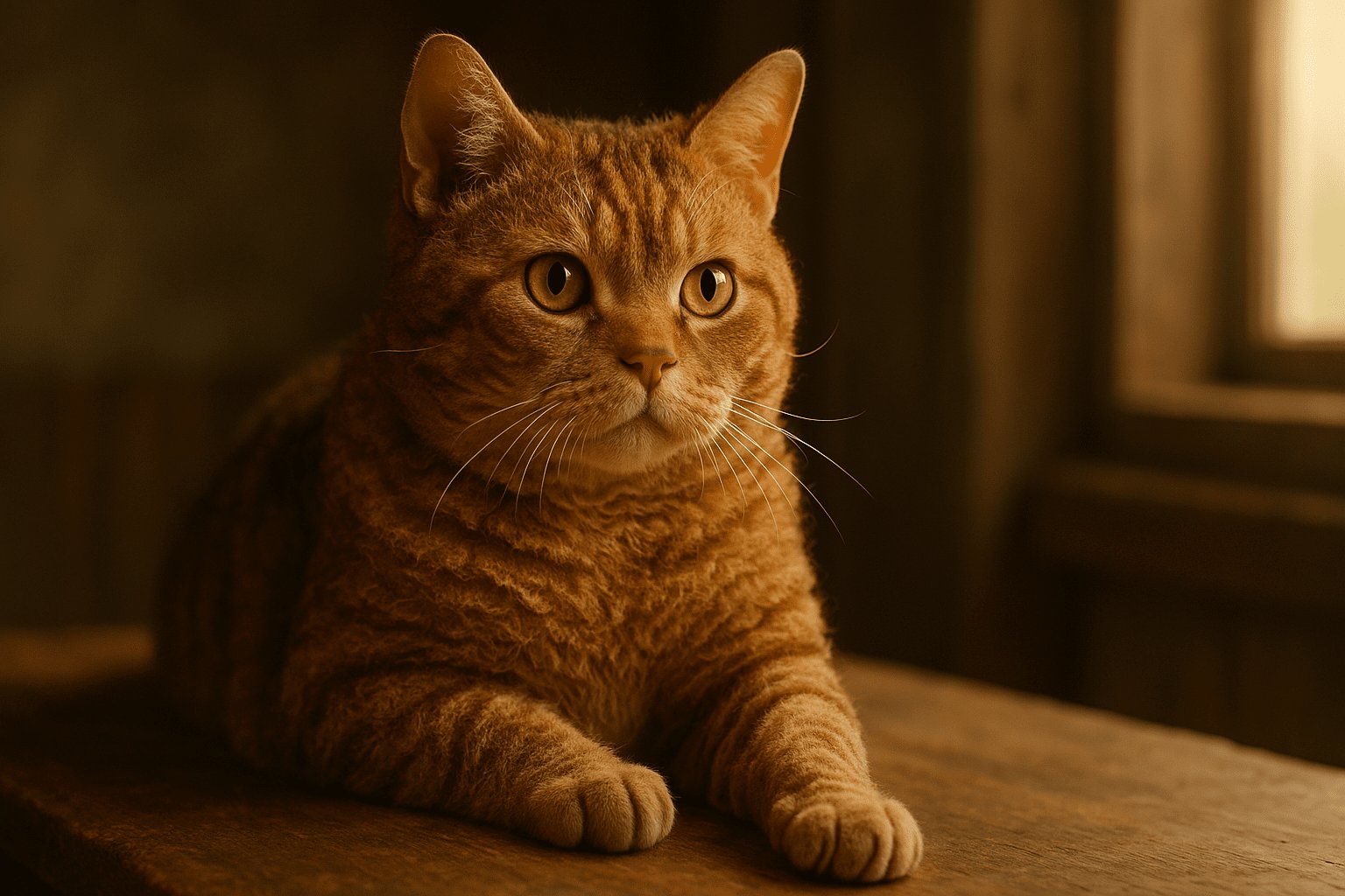 American Wirehair Cat in ginger tabby coat lies on wood surface, yellow-gold eyes glowing under soft indoor lighting and dark background