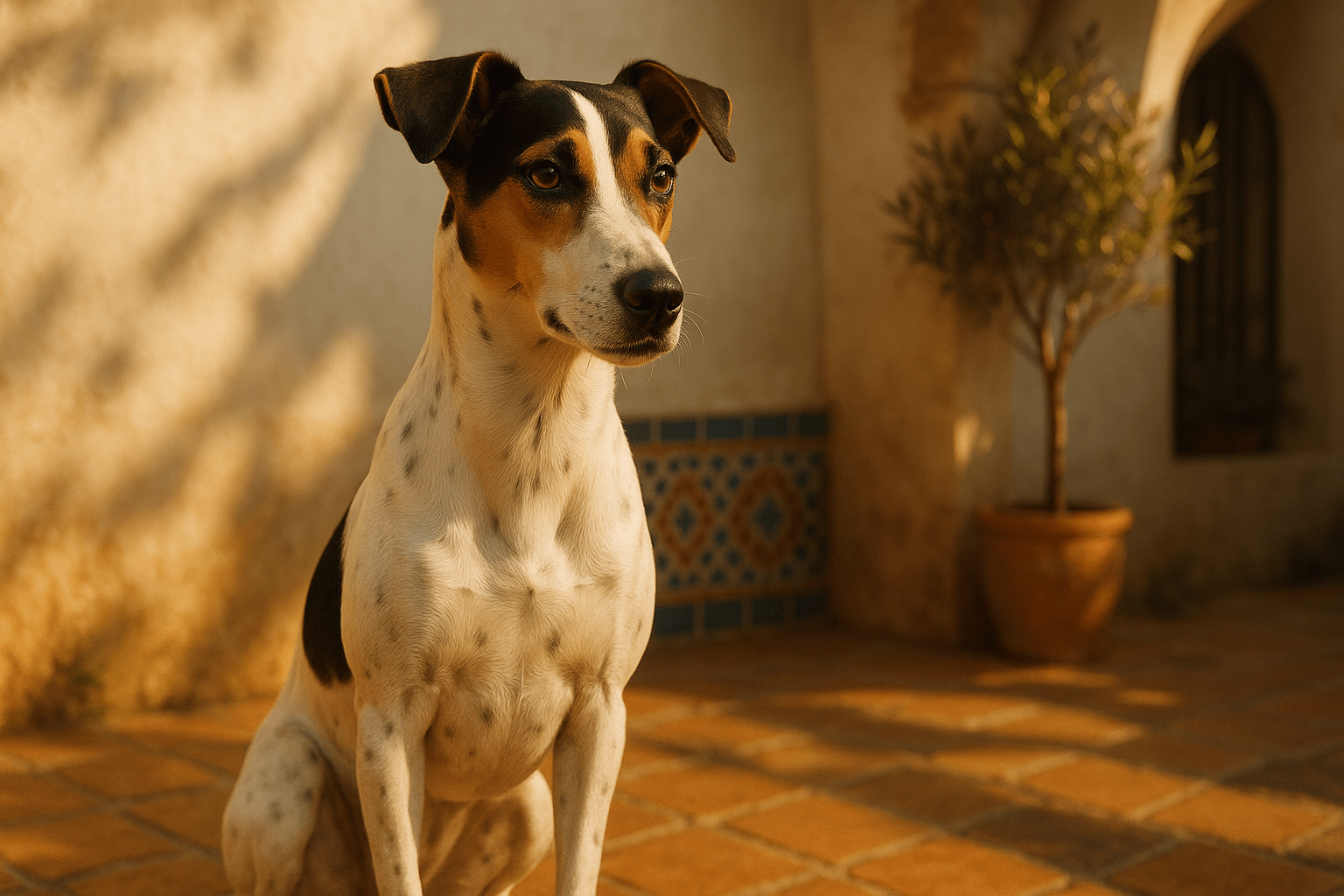 Andalusian Terrier dog with black and tan markings sitting on a sunny tiled patio with a small olive tree