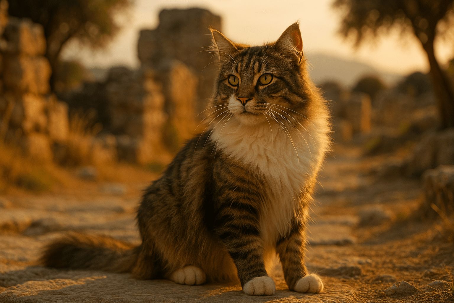 Aphrodite Giant cat with tabby fur and green eyes sits on stone near ancient ruins in soft golden outdoor light