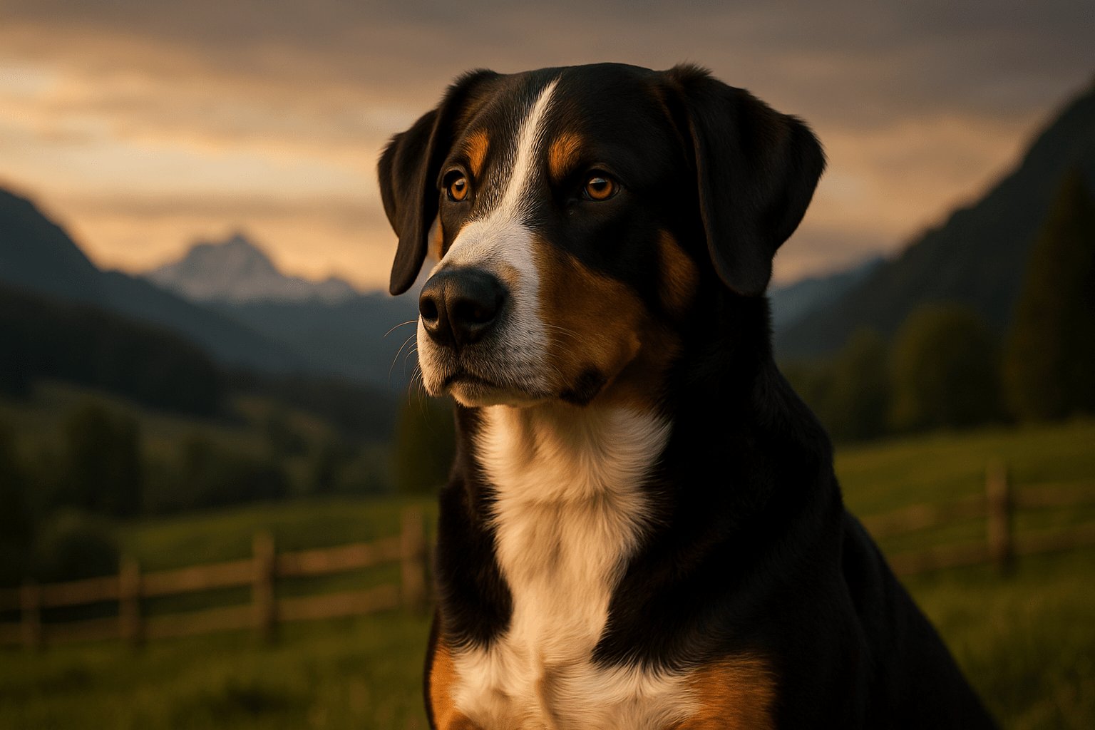 Appenzeller Sennenhund Dog in profile view against a mountain sunset, black, white, and tan coat