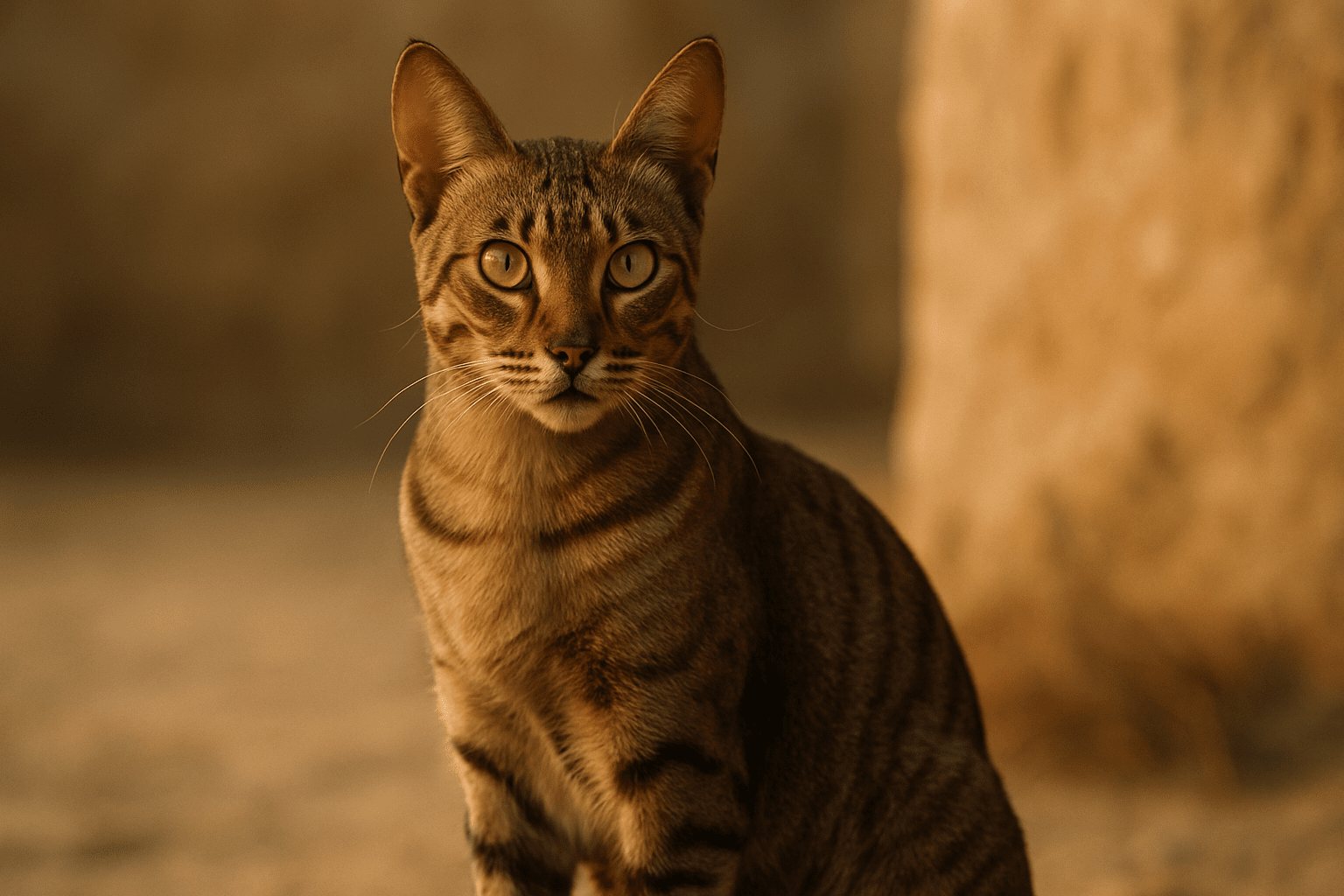 Arabian Mau cat with golden eyes and brown tabby coat stares into camera, set against warm-toned blurred outdoor background