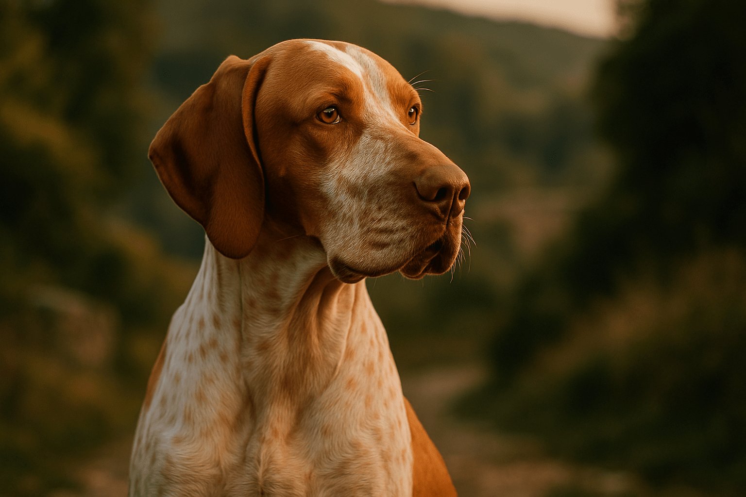 Ariege Pointer Dog in profile, light brown with white spots, in sharp focus against a soft outdoor background