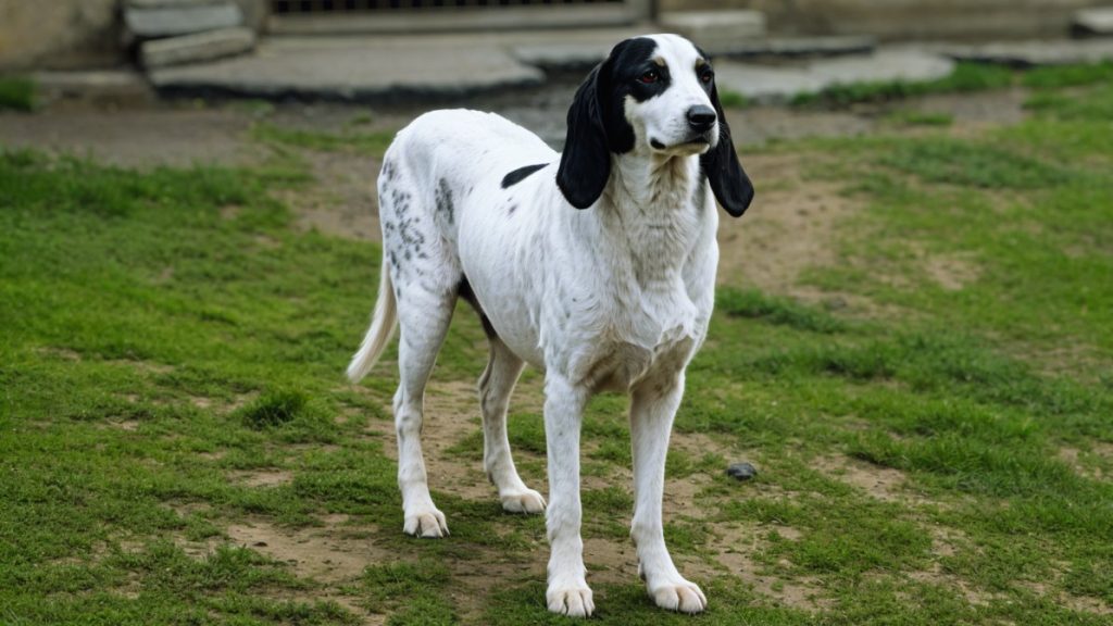 Ariegeois Dog with white and black spots stands alert on vibrant green grass near light brown dirt and building background.