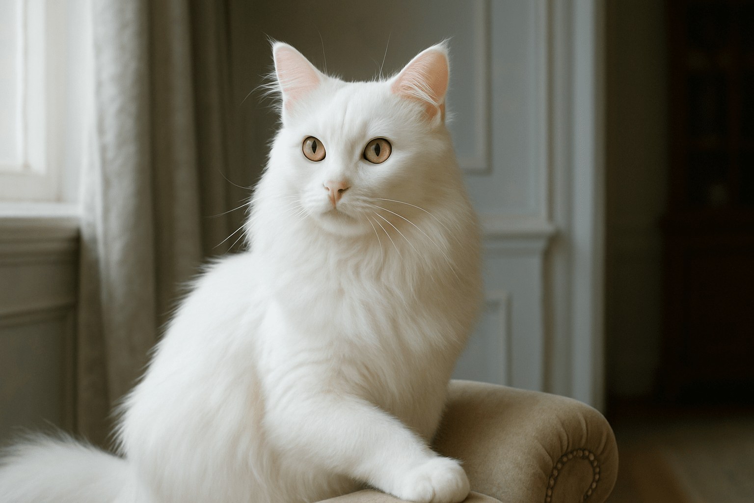Asian Semi-longhair cat with fluffy white fur sits alert on a beige chair, amber eyes bright, soft gray interior background