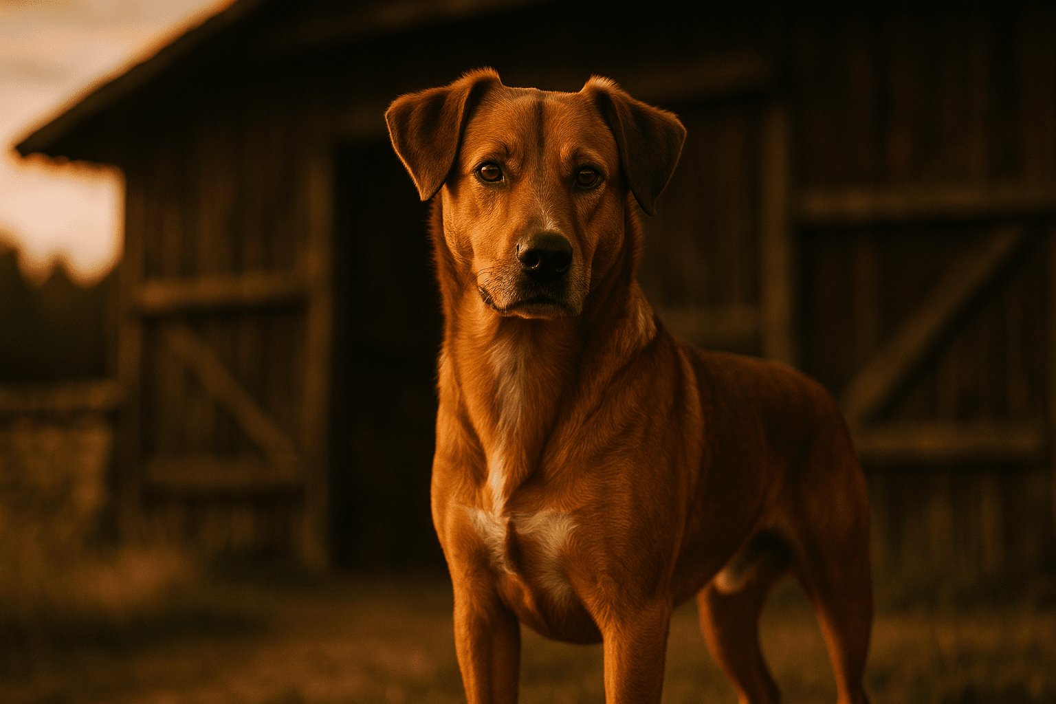 Reddish-brown Austrian Pinscher dog with erect ears stands in front of rustic wooden barn in soft natural light