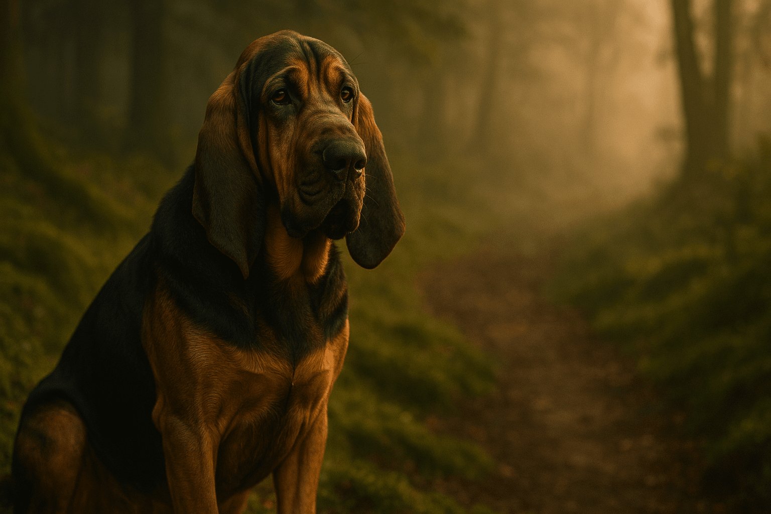 Bloodhound with rich brown and black coat sits calmly on a misty forest path, soft golden light filtering through trees in background