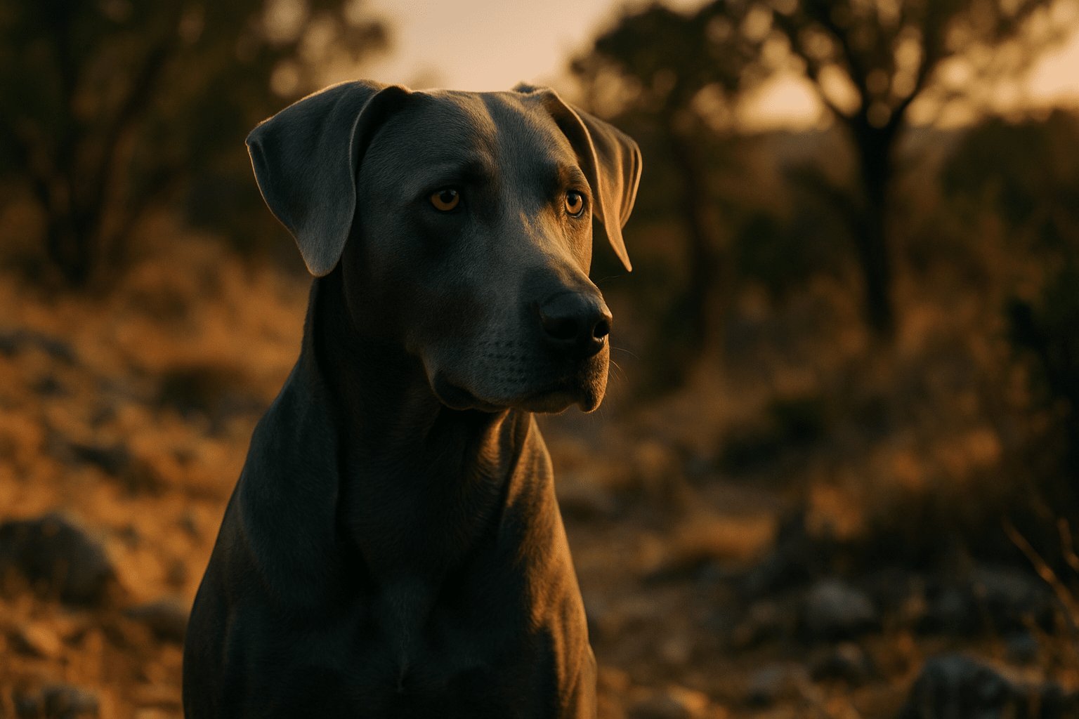 Close-up of Blue Lacy Dog with smooth gray coat, alert gaze, and golden-brown outdoor background in soft sunset lighting