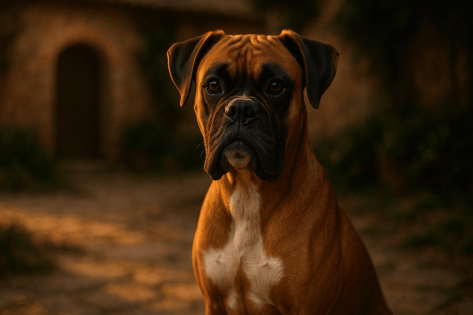 Close-up Boxer Dog portrait with reddish-brown coat, white chest patch, folded ears, and attentive gaze in warm outdoor light