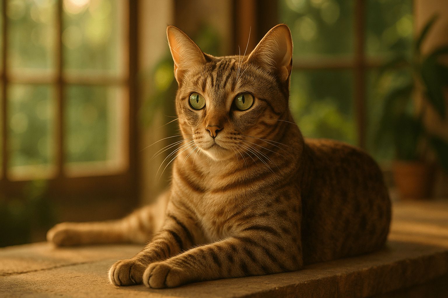Australian Mist cat with marbled fur and green eyes lying on wooden surface, sunlight casting warm glow, potted plants in background