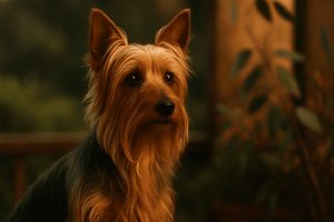 Close-up of reddish-brown Australian Silky Terrier dog with dark eyes and textured fur, outdoors with soft natural light