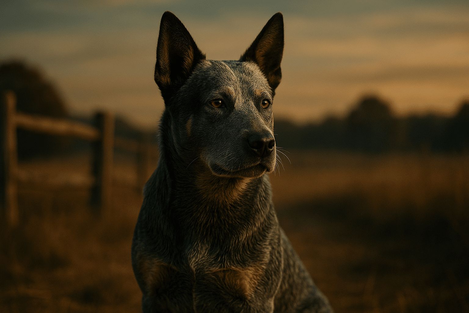 Australian Stumpy Tail Cattle Dog with blue-gray fur sits in field at sunset, gazing to the right