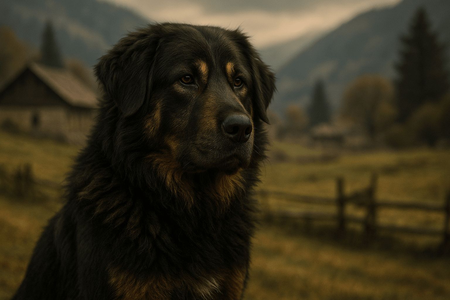 Close-up of a Bakharwal Dog with dark thick coat, rustic wooden farm buildings and mountains in blurred background