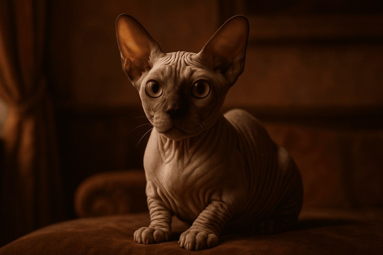 Bambino Cat with wrinkled skin sits on reddish-brown chair, ears upright, gazing into camera in softly lit, dark-toned interior