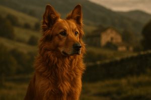 Close-up of Basque Shepherd Dog with thick reddish-brown fur gazing sideways, blurred earthy landscape background