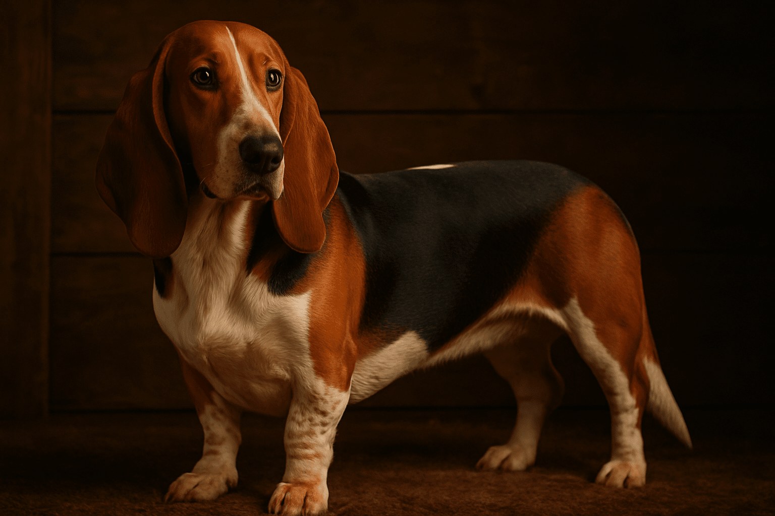 Basset Artésien Normand Dog with tri-colored fur sits against dark wooden backdrop, floppy ears, and calm alert expression captured