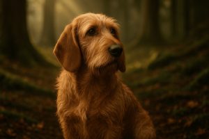 Basset Fauve de Bretagne Dog with reddish-brown fur sits in forest clearing, ears upright, warm earthy tones in soft glowing light