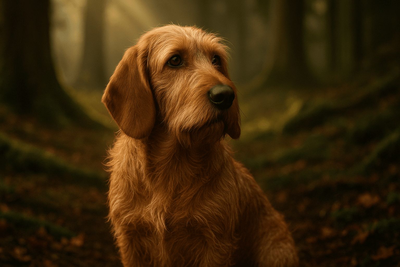 Basset Fauve de Bretagne Dog with reddish-brown fur sits in forest clearing, ears upright, warm earthy tones in soft glowing light