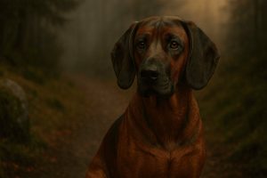 Bavarian Mountain Hound with reddish-brown fur and dark muzzle stands alert in a moody forest, surrounded by muted greens and browns