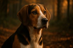 Beagle Harrier Dog close-up portrait with tan, brown, and black fur in front of blurred autumn forest background with warm tones