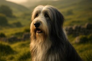 Bearded Collie Dog in close-up profile with gray and white fluffy fur stands alert against grassy outdoor backdrop in warm soft light
