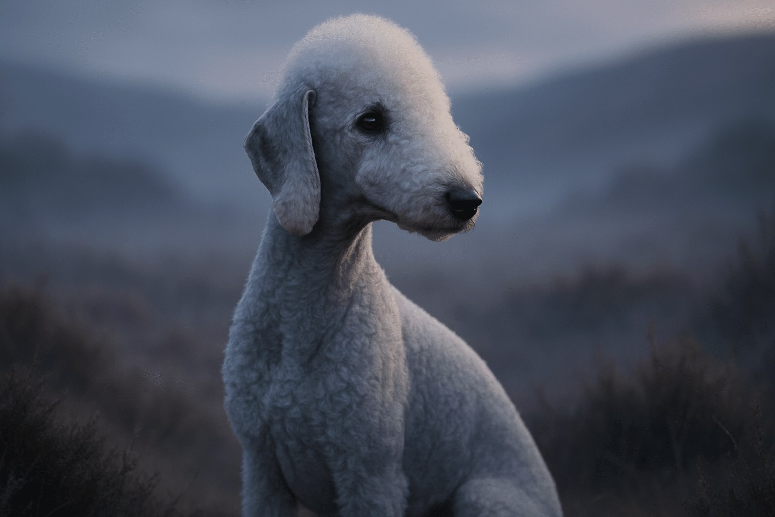 Bedlington Terrier seated in dry golden field with warm sunset light highlighting its profile against misty blurred background
