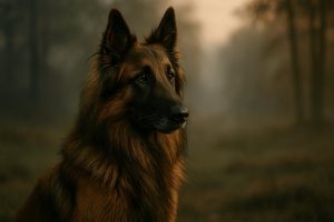 Belgian Shepherd with reddish-brown fur gazes attentively in misty forest scene, profile view highlights calm focus and soft shaggy coat