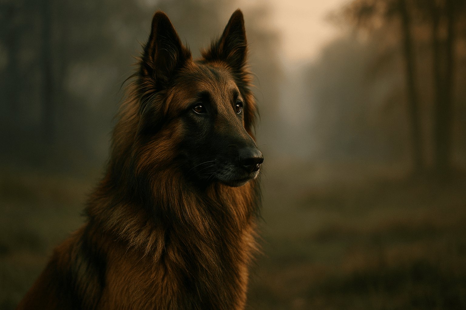 Belgian Shepherd with reddish-brown fur gazes attentively in misty forest scene, profile view highlights calm focus and soft shaggy coat