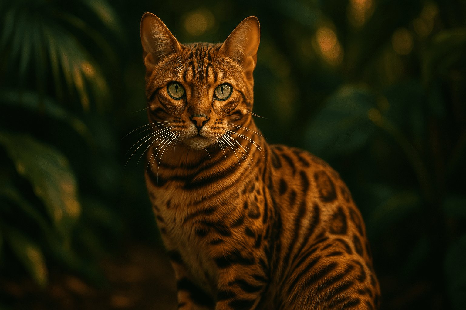 Bengal cat with spotted brown and tan coat sits alertly against blurred dark green foliage in dramatic, shallow focus lighting