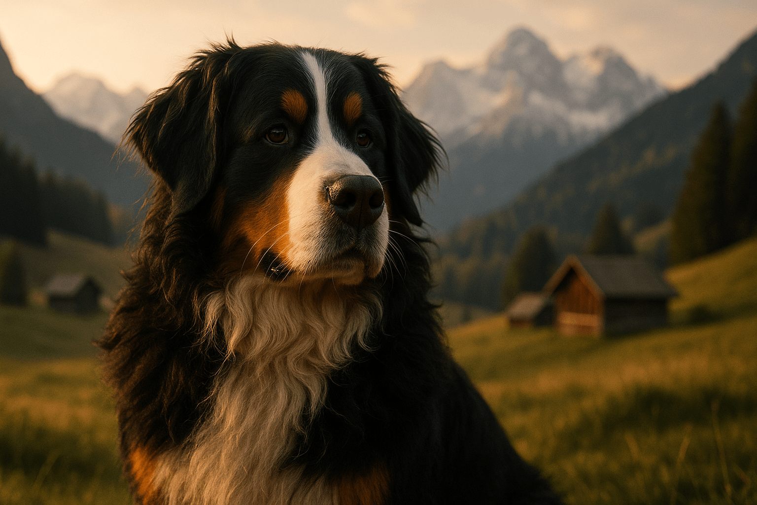 Bernese Mountain Dog with black, white, and tan coat stands against rolling golden hills and distant snow-capped mountains