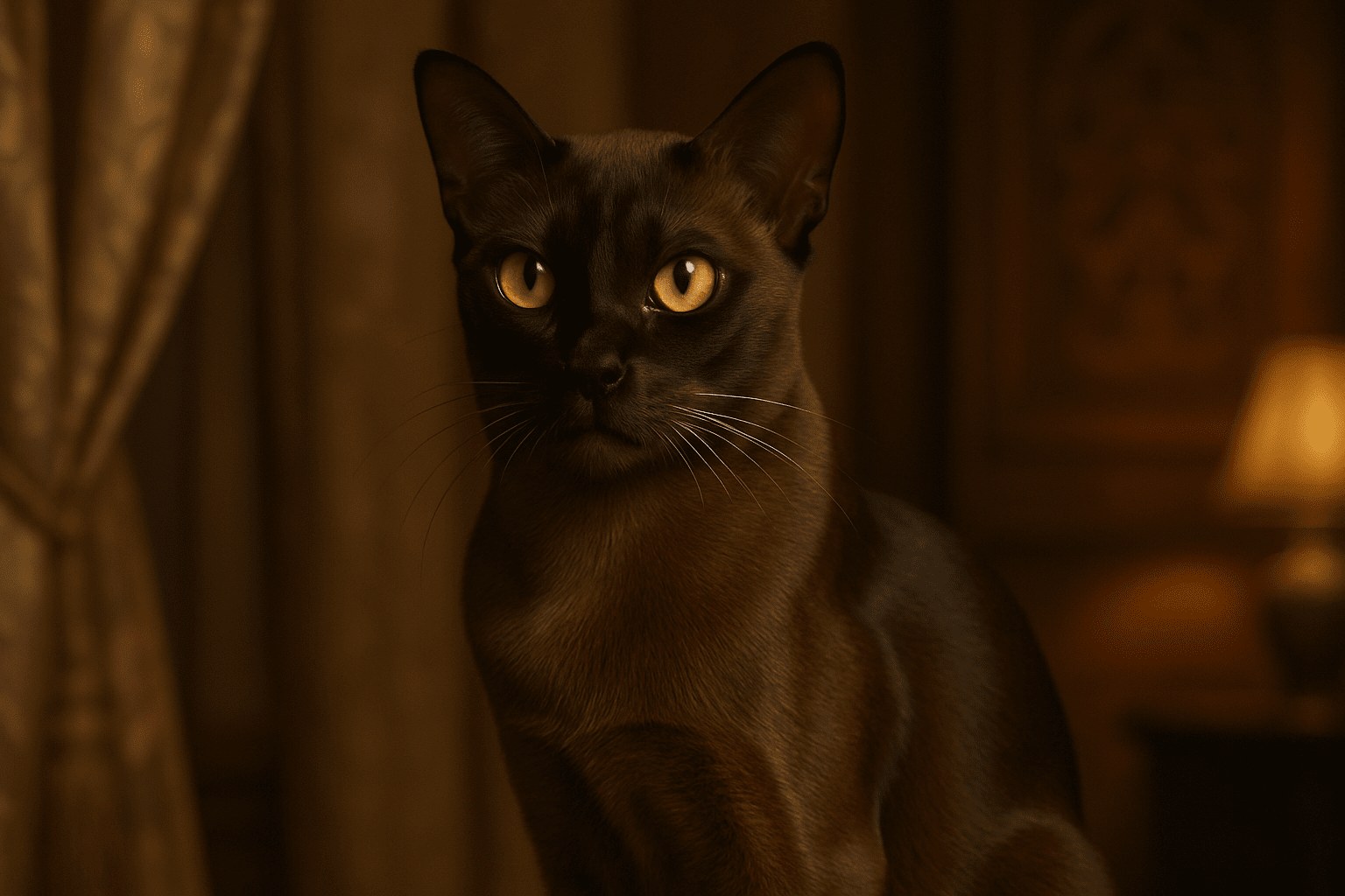Black Asian cat with golden eyes sits alert in warmly lit room with blurred curtains, wood paneling, and soft amber tones