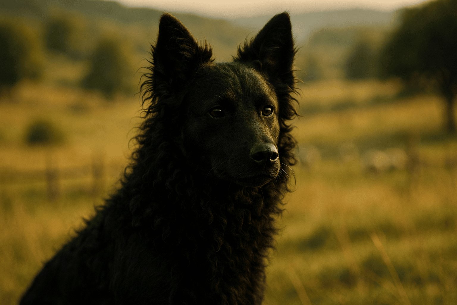 Close-up of a black, tousled Croatian Sheepdog with piercing eyes against a blurred golden field backdrop.