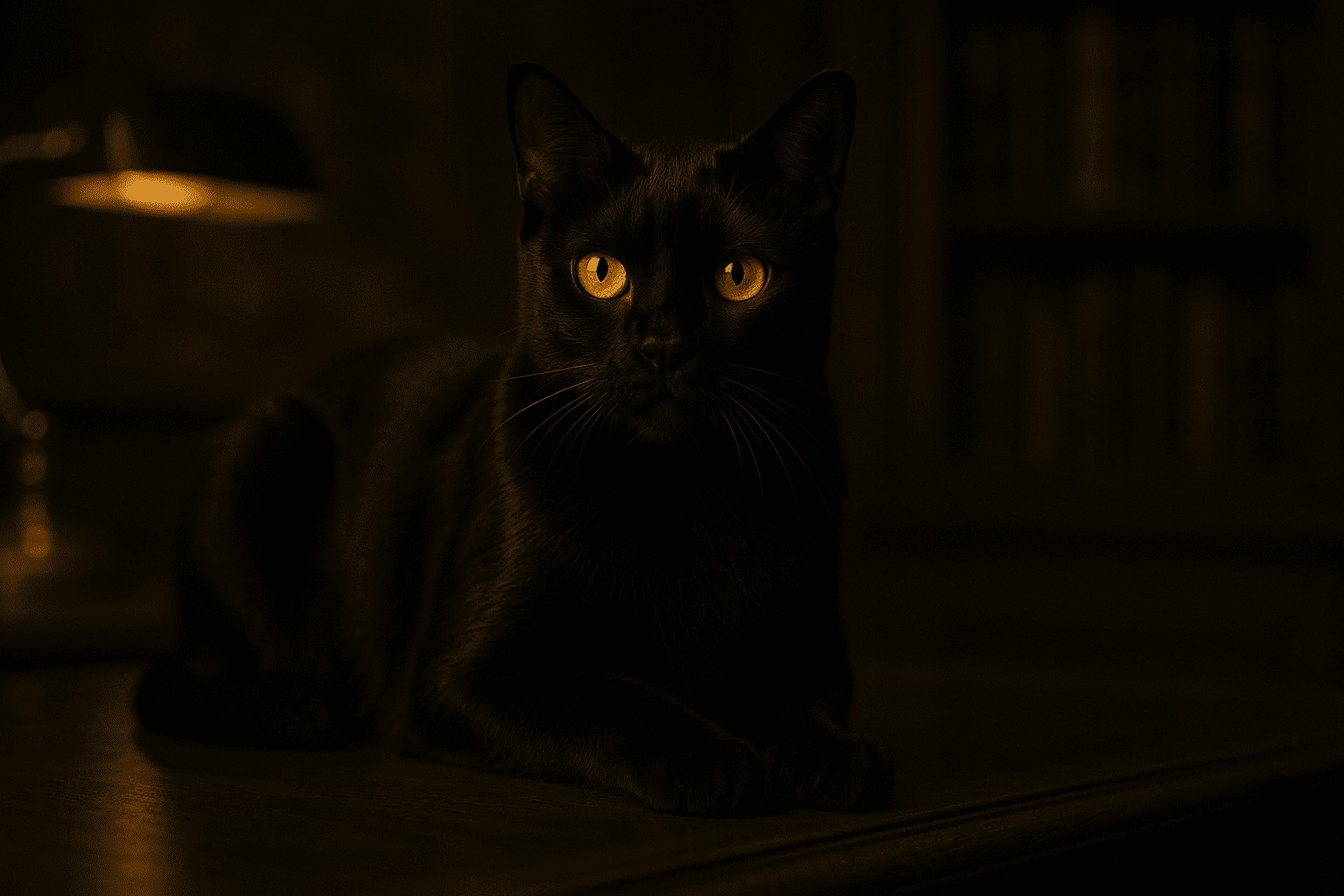 Bombay Cat with glowing amber eyes silhouetted on a dark surface in low light, faint warm glow in dim room background
