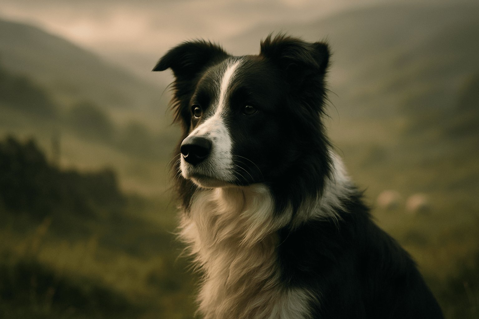 Border Collie Dog sits calmly on maroon stool with fluffy white coat, dark eyes, and warm sepia room background with soft window light
