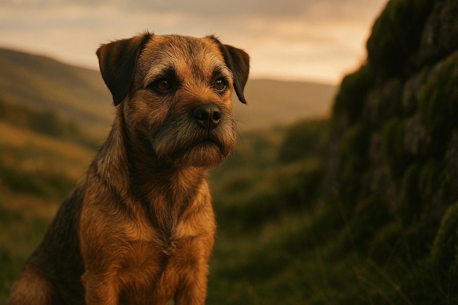 Close-up of a reddish-brown Border Terrier dog with rough fur sits outdoors against a grassy hillside and mossy stone wall at sunset