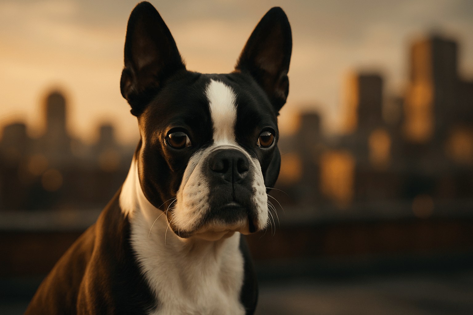 Boston Terrier with black and white fur looks attentively at the camera, warm golden cityscape in background softly blurred behind